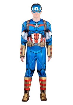 JAZWARES Men's Captain America Costume With Muscles -Halloween Costume Shop adult captain america qualux costume alt 2