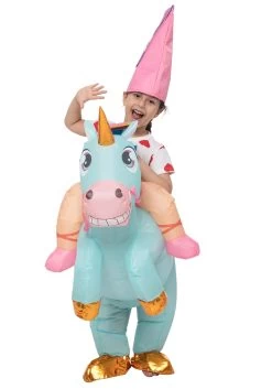 Inflatable Riding-A-Blue Unicorn Costume For Kids -Halloween Costume Shop child inflatable riding a blue unicorn costume alt 1