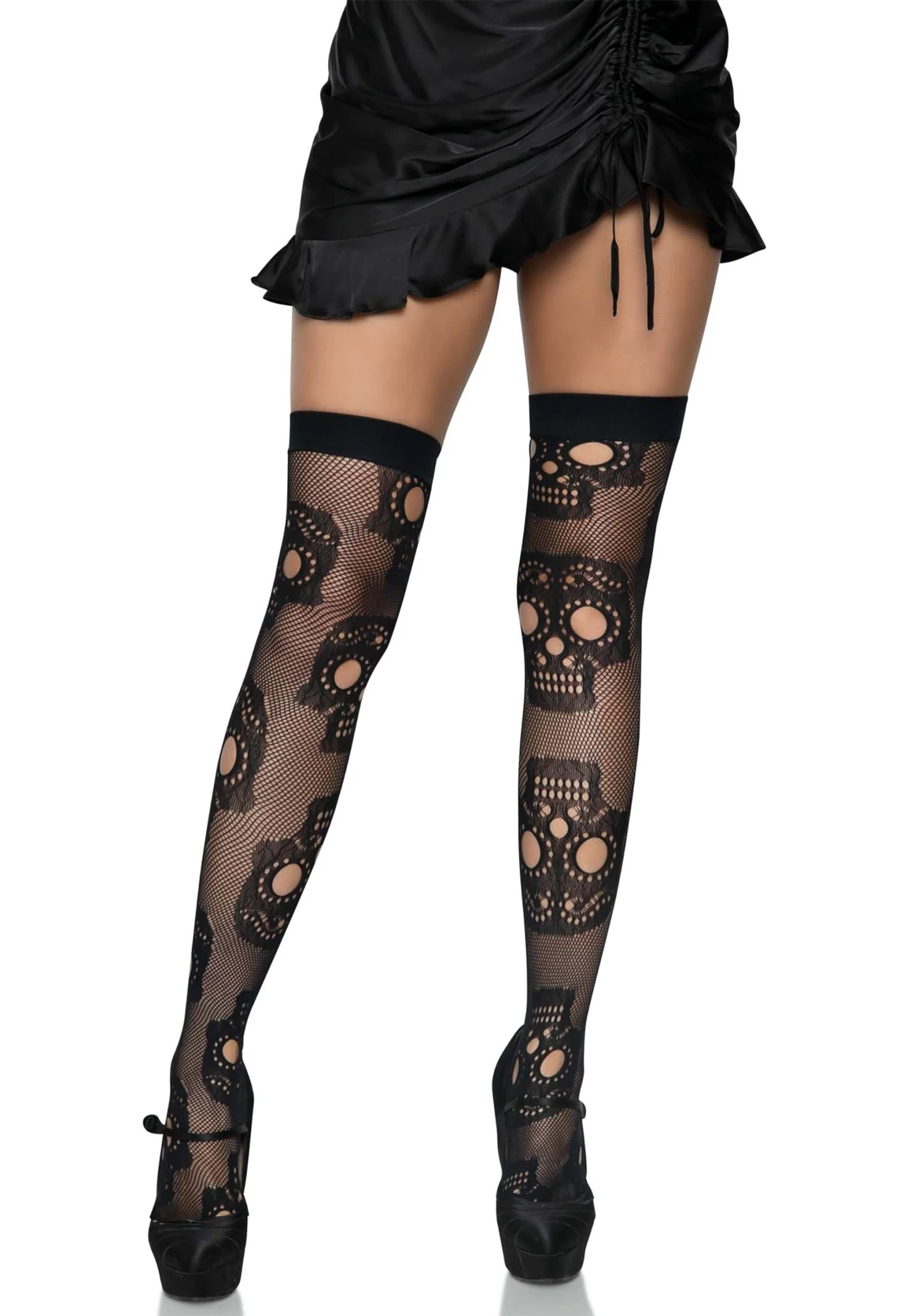 LEG AVENUE Sugar Skull Net Thigh High Stockings For Women 3 LEG AVENUE Sugar Skull Net Thigh High Stockings For Women