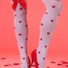 Smiffys Womens Hearts And Bows Thigh Highs -Halloween Costume Shop womens white with red bow and heart print thigh highs